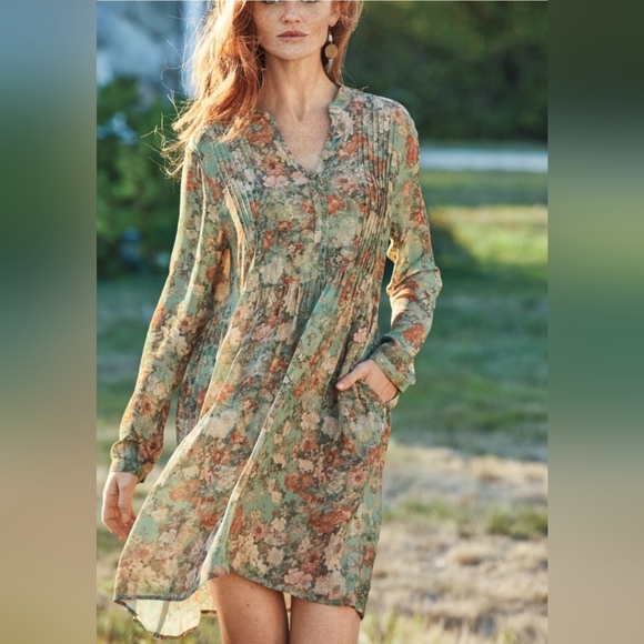 Peruvian Connection Wellfleet Chemise Green Floral Print Mini Dress Size Large - Picture 1 of 6